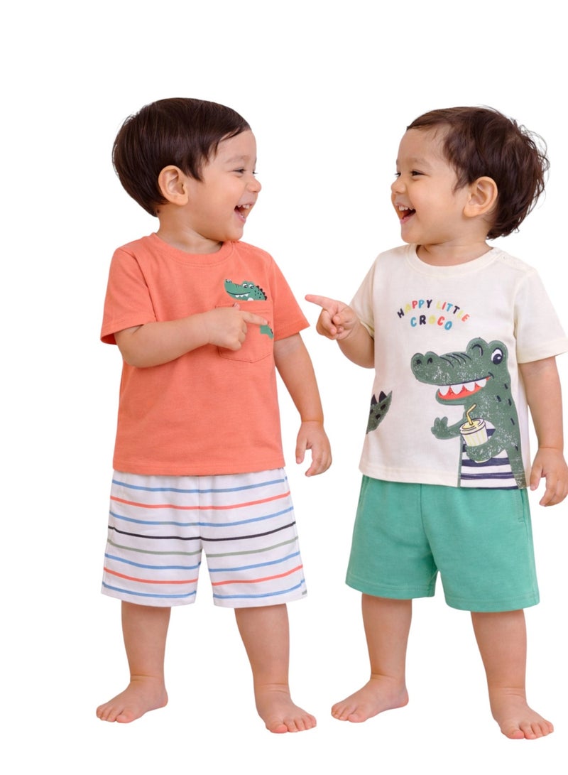 victor and jane Boys Dinosaur Print Cotton T-Shirt & Shorts Set – Summer Daywear - Image 1